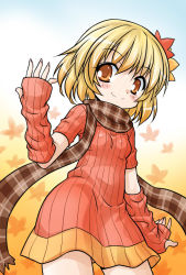 Rule 34 | 1girl, aki shizuha, akou roushi, alternate costume, arm up, arm warmers, blonde hair, blush, detached sleeves, dress, female focus, hair ornament, leaf, leaf hair ornament, leaf on head, object on head, plaid, plaid scarf, ribbed sweater, scarf, short hair, smile, solo, sweater, sweater dress, touhou, yellow eyes