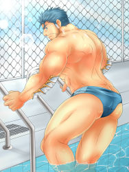 Rule 34 | 1boy, abs, ass, bad id, bad twitter id, bara, bare back, blue eyes, blue hair, blue male swimwear, blue swim briefs, facial hair, feet out of frame, fins, gluteal fold, light particles, male focus, male swimwear, muscular, pool, pool ladder, poolside, short hair, sideburns, solo, stubble, sunfight0201, swim briefs, swimsuit, thick thighs, thighs, tokyo houkago summoners, triton (housamo), water
