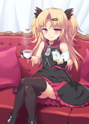 Rule 34 | 1girl, akatsuki uni, bare shoulders, black dress, black footwear, black gloves, blonde hair, blush, book, boots, brown thighhighs, closed mouth, commentary request, couch, crossed legs, cup, curtains, dress, gloves, hair ornament, hairclip, holding, holding book, holding cup, long hair, on couch, open book, parted bangs, partially fingerless gloves, pillow, rasahan, sitting, sleeveless, sleeveless dress, smile, solo, tea, teacup, thighhighs, thighhighs under boots, two side up, uni create, very long hair, virtual youtuber
