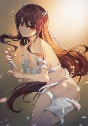 Rule 34 | &gt;:), 1girl, backlighting, bandaged arm, bandaged leg, bandages, breasts, brown background, brown hair, cleavage, collarbone, damda, demon girl, demon horns, fang, fang out, fate/grand order, fate (series), gradient background, hair intakes, horns, large breasts, leaning forward, long hair, motion blur, naked bandage, navel, red eyes, scathach (fate), sidelocks, smile, solo, v-shaped eyebrows, very long hair