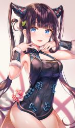 Rule 34 | 1girl, absurdres, arm warmers, armpits, arms up, bad id, bad twitter id, bare shoulders, black dress, blue eyes, blurry, breasts, cowboy shot, dress, fate/grand order, fate (series), hair ornament, highres, long hair, looking at viewer, medium breasts, open mouth, purple hair, sidelocks, smile, solo, thighs, tokkyu, twintails, very long hair, yang guifei (fate), yang guifei (second ascension) (fate)