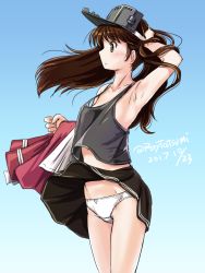 Rule 34 | 1girl, armpits, black skirt, blue background, brown eyes, brown hair, clothes lift, unworn clothes, cowboy shot, dated, flat chest, gradient background, holding, holding clothes, japanese clothes, kantai collection, kariginu, long hair, panties, pleated skirt, ryuujou (kancolle), skirt, skirt lift, solo, standing, tatsumi ray, twintails, twitter username, undershirt, underwear, visor cap, white panties, wind, wind lift