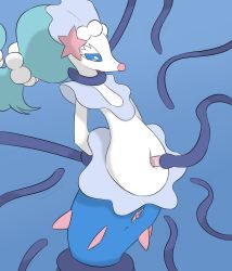 Rule 34 | 1girl, arms behind back, artist request, blue background, blue eyes, blue hair, clitoris, creatures (company), furry, furry female, game freak, gem, gen 7 pokemon, hair ornament, half-closed eyes, highres, long hair, looking down, navel, navel sex, nintendo, no humans, open mouth, pearl (gemstone), pokemon, pokemon (creature), pokemon sm, primarina, pussy, pussy juice, restrained, simple background, solo, starfish, tears, tentacles, uncensored