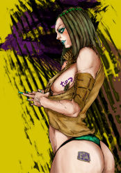 Rule 34 | 1girl, ass, blue eyes, breasts, ermes costello, green lips, dreadlocks, huge ass, jojo no kimyou na bouken, large breasts, lipstick, looking at viewer, makeup, scar, solo, thong