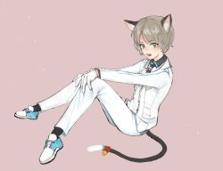 Rule 34 | 1boy, animal ears, cat boy, cat ears, cat tail, closers, formal, full body, gloves, green eyes, highres, light brown hair, looking at viewer, male focus, mistilteinn (closers), pants, pink background, sanbo (apple 1020), simple background, smile, solo, suit, tail, white gloves, white pants, white suit