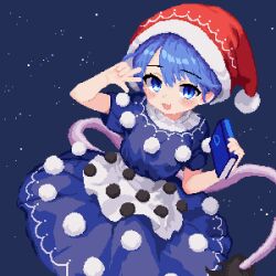 1girl 999_(hansode) animal_ears blue_eyes blue_hair blush book commentary doremy_sweet hat highres holding holding_book looking_at_viewer nightcap open_mouth pom_pom_(clothes) red_hat short_hair short_sleeves solo star_(sky) tail tapir_ears tapir_tail touhou