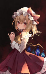 Rule 34 | 1girl, :|, absurdres, ascot, blonde hair, blurry, blush, bow, brooch, closed mouth, collared shirt, cowboy shot, crystal, dark, dark background, depth of field, fidgeting, flandre scarlet, frilled shirt collar, frills, from side, gem, hair between eyes, hands up, hat, hat bow, high-waist skirt, highres, index fingers together, jewelry, long bangs, long hair, long sleeves, looking at viewer, looking to the side, low wings, mob cap, one side up, own hands together, petticoat, pleated skirt, puffy long sleeves, puffy sleeves, red background, red bow, red eyes, red gemstone, red skirt, red vest, shirt, skirt, skirt set, sleeve cuffs, solo, standing, touhou, vest, vignetting, w arms, white hat, white shirt, wing collar, wings, yellow ascot, yuineko
