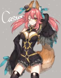 Rule 34 | 10s, 1girl, :3, ;3, animal ears, bare shoulders, black thighhighs, blush, bow, breasts, character name, chocoan, cleavage, detached sleeves, fate/extra, fate/extra ccc, fate (series), flower ornament, fox ears, fox tail, hair bow, hair ribbon, hand in own hair, hand on own hip, hat, long hair, mini hat, mini top hat, official alternate costume, one eye closed, pink hair, ribbon, solo, tail, tamamo (fate), tamamo no mae (fate/extra), tamamo no mae (sable mage) (fate), thighhighs, top hat, twintails, yellow eyes