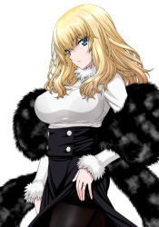 Rule 34 | 10s, 1girl, black bra, blonde hair, blue eyes, bra, bra visible through clothes, breasts, character request, clothes lift, cowboy shot, dress, dress lift, from side, fur trim, girls und panzer, hair between eyes, isse, jewelry, large breasts, long hair, long sleeves, looking at viewer, pantyhose, parted lips, ring, see-through, shawl, shirt, simple background, solo, sweater, teeth, thighs, underwear, wavy hair, white background, white sweater