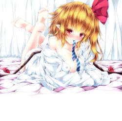 Rule 34 | 1girl, barefoot, blonde hair, blush, bow, collarbone, flandre scarlet, ginzake (mizuumi), hair bow, lying, mouth hold, naked shirt, necktie, on stomach, pointy ears, red eyes, shirt, soles, solo, touhou, wings