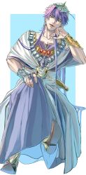 Rule 34 | 1boy, absurdres, bracelet, bracer, collarbone, crossed legs, earrings, full body, hair between eyes, head rest, highres, jewelry, long hair, looking at viewer, magi the labyrinth of magic, male focus, necklace, open mouth, purple hair, purple robe, robe, shoes, sinbad (magi), sitting, smile, solo, turban, white robe, yellow eyes, yofu (0042 2400)