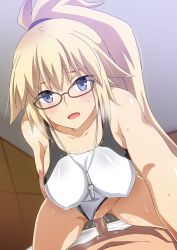 Rule 34 | 1boy, 1girl, bare shoulders, blonde hair, blue eyes, blush, breasts, censored, clothed sex, clothing aside, collarbone, competition swimsuit, cowgirl position, erection, fate/grand order, fate (series), girl on top, glasses, hair between eyes, hara (harayutaka), hetero, high ponytail, highleg, highleg swimsuit, highres, jeanne d&#039;arc (fate), jeanne d&#039;arc (ruler) (fate), jeanne d&#039;arc (swimsuit archer) (fate), jeanne d&#039;arc (swimsuit archer) (second ascension) (fate), large breasts, leaning forward, long hair, looking at viewer, mosaic censoring, one-piece swimsuit, open mouth, penis, ponytail, pov, sex, smile, solo focus, straddling, sweat, swimsuit, swimsuit aside, thighs, vaginal, very long hair, whistle, whistle around neck, white one-piece swimsuit