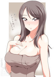 Rule 34 | 1girl, artist logo, artist name, breasts, brown background, brown eyes, brown hair, brown towel, cleavage, closed mouth, commentary, girls und panzer, hand on own chest, highres, ichijou takakiyo, large breasts, long hair, looking at viewer, mika (girls und panzer), naked towel, outside border, signature, skindentation, smile, solo, towel, translated, upper body