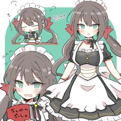 Rule 34 | 1girl, :o, annoyed, azukimame, azur lane, black dress, blush, book, breasts, cleaning, commentary request, dress, embarrassed, eyes visible through hair, flying sweatdrops, frilled dress, frilled hairband, frills, glasgow (azur lane), green eyes, grey hair, hair between eyes, hair ornament, hair ribbon, hairband, hairclip, hand on table, highres, holding, holding book, long hair, looking at viewer, low twintails, maid, maid headdress, medium breasts, neck garter, rag, ribbon, short sleeves, standing, table, translation request, twintails, twitter username, two-tone dress, underbust, wrist cuffs