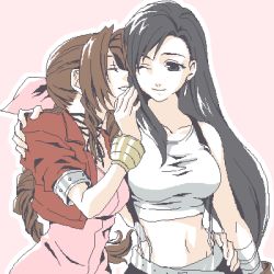Rule 34 | 1990s (style), 2girls, aerith gainsborough, black hair, bow, breasts, brown hair, cropped jacket, closed eyes, final fantasy, final fantasy vii, jacket, long hair, lowres, midriff, multiple girls, oekaki, one eye closed, pink bow, shirt, suspenders, taut clothes, taut shirt, tifa lockhart, wink