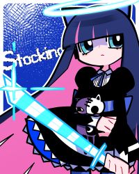 1girl, angel, dress, multicolored hair, panty &amp; stocking with garterbelt, stocking (psg), sword, weapon