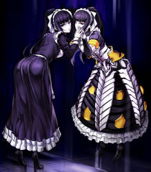 Rule 34 | 1girl, armor, armored dress, ass, bent over, black eyes, black hair, black pantyhose, dress, dual persona, gloves, gradient background, high heels, highres, long hair, looking at viewer, maid, maid headdress, mirror, narberal gamma, nyamota, overlord (maruyama), pale skin, pantyhose, ponytail, striped, striped background