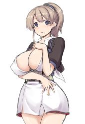 Rule 34 | 1girl, absurdres, belt, black shirt, blue eyes, breasts, brown hair, cowboy shot, highres, intrepid (kancolle), kantai collection, kokutou nikke, large breasts, looking at viewer, open clothes, open mouth, open shirt, ponytail, shirt, short hair, simple background, skirt, solo, white background, white shirt, white skirt