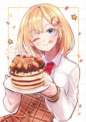 Rule 34 | 1girl, animal print, blonde hair, blue eyes, blush, breasts, bubba (watson amelia), cake, commentary, dog print, english commentary, food, food on face, hair ornament, hakamii, happy birthday, highres, holding, hololive, hololive english, large breasts, long sleeves, looking at viewer, medium hair, necktie, one eye closed, open mouth, plaid, plaid skirt, plate, red necktie, shirt, skirt, smile, solo, star (symbol), upper body, virtual youtuber, watson amelia, watson amelia (1st costume), white shirt