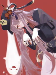 Rule 34 | 1girl, asa (1asa-0-asa1), black nails, brown hair, chinese clothes, coat, flower, flower-shaped pupils, genshin impact, ghost, hat, hat ornament, highres, hu tao (genshin impact), jewelry, long hair, looking at viewer, nail polish, plum blossoms, porkpie hat, red eyes, red shirt, ring, shirt, simple background, symbol-shaped pupils, thighs