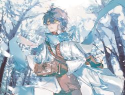 Rule 34 | 1boy, blue hair, brown cardigan, camera, cardigan, commentary, eyewear strap, glasses, highres, holding, holding camera, ike eveland, jacket, long sleeves, male focus, nijisanji, nijisanji en, open mouth, outdoors, quildren (ike eveland), scarf, short hair, snow, snowing, solo, symbol-only commentary, tree, virtual youtuber, white jacket, winter, xun lin, yellow eyes