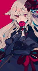 Rule 34 | 1girl, bad id, bad twitter id, black dress, black gloves, blonde hair, copyright request, covered mouth, dress, elbow gloves, flower, flower over mouth, gloves, hair flaps, hair flower, hair ornament, highres, holding, holding flower, looking at viewer, mole, mole under eye, puffy short sleeves, puffy sleeves, red background, red eyes, red flower, red ribbon, red rose, ribbon, rose, satsuki (miicat), short sleeves, simple background, solo