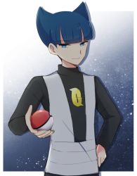 Rule 34 | 1boy, black shirt, blue eyes, blue hair, blunt bangs, border, closed mouth, commentary request, creatures (company), game freak, grey vest, hand on own hip, holding, holding poke ball, logo, long sleeves, looking at viewer, male focus, nintendo, ohn pkmn, poke ball, poke ball (basic), pokemon, pokemon dppt, saturn (pokemon), shirt, short hair, smile, solo, team galactic, two side up, vest, white border
