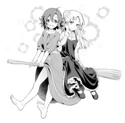 Rule 34 | 10s, 2girls, ahoge, bare legs, barefoot, blush, braid, broom, broom riding, closed mouth, collarbone, collared shirt, dress, feet, full body, greyscale, hair between eyes, head tilt, highres, izetta, juliet sleeves, long hair, long sleeves, looking at another, mary janes, monochrome, multiple girls, multiple riders, ortfine fredericka von eylstadt, pinakes, puffy sleeves, shirt, shoes, short hair, shuumatsu no izetta, sidesaddle, simple background, sitting, smile, white background, white shirt, wing collar, witch, wrist cuffs