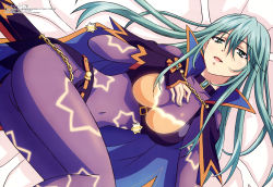 Rule 34 | 1girl, absurdres, aqua eyes, aqua hair, ass, belt, blue cape, blush, bodysuit, bow, bra, breasts, brooch, cape, choker, cleavage, collarbone, covered navel, date a live, fingerless gloves, fingernails, gem, gloves, green brooch, hair between eyes, half-closed eyes, highres, jewelry, large breasts, long hair, looking at viewer, lying, magazine scan, megami magazine, multicolored cape, multicolored clothes, nail polish, natsumi (date a live), neon trim, official art, on bed, on side, orange belt, orange bow, orange bra, parted lips, pink lips, pink nails, purple bodysuit, purple cape, purple choker, purple gloves, purple skirt, scan, see-through, skirt, solo, tongue, twisted torso, underwear, watanabe kouji