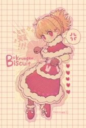 Rule 34 | 1girl, anger vein, biscuit krueger, blonde hair, blush, boots, braid, capelet, character name, dress, full body, fur-trimmed capelet, fur-trimmed dress, fur-trimmed gloves, fur trim, gloves, grid background, heart, highres, hunter x hunter, lolita fashion, looking at viewer, pom pom (clothes), rabiyamarabi, red dress, red eyes, red footwear, solo, spoken anger vein, tile background