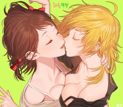 Rule 34 | 2girls, amami haruka, artist name, bad id, bad twitter id, bare shoulders, blonde hair, bow, breast press, breasts, brown hair, character name, cleavage, closed eyes, colored eyelashes, female focus, green background, hair bow, hand on neck, hoshii miki, idolmaster, idolmaster (classic), imminent kiss, kiss, korean text, large breasts, long hair, lying, multiple girls, neck, off shoulder, open mouth, rod (rod4817), short hair, simple background, smile, symmetrical docking, yuri