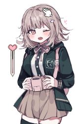 1girl ;o black_jacket black_thighhighs blush brown_hair brown_skirt cowboy_shot cursor danganronpa_(series) danganronpa_2:_goodbye_despair handheld_game_console heart highres holding holding_handheld_game_console hood hood_down hooded_jacket jacket long_sleeves medium_hair miniskirt nanami_chiaki one_eye_closed open_clothes open_jacket pleated_skirt ringo_ame_no_ria simple_background skirt teeth thighhighs upper_teeth_only white_background zettai_ryouiki