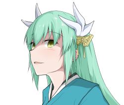 Rule 34 | 1girl, blush, fate/grand order, fate (series), green hair, highres, japanese clothes, kiyohime (fate), long hair, looking at viewer, solo, tatsu (tanishi 24), upper body, white background, yellow eyes