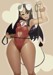 Rule 34 | 1girl, absurdres, alternate costume, alternate eye color, bare shoulders, bat wings, black choker, black hair, blush, breasts, choker, cleavage, clothing cutout, cowboy shot, curled horns, curvy, dark-skinned female, dark skin, demon girl, demon horns, demon tail, demon wings, doublehero, fang, green eyes, heart cutout, highleg, highleg leotard, highres, holding, holding leash, horns, ijiranaide nagatoro-san, leash, leotard, long hair, looking at viewer, low wings, nagatoro hayase, navel, navel cutout, official alternate costume, open mouth, pet play, pointy ears, red leotard, red scrunchie, revealing clothes, scrunchie, shiny skin, simple background, skin fang, small breasts, solo, standing, tail, thick thighs, thighs, thong leotard, v-neck, white horns, wide hips, wings, wrist scrunchie