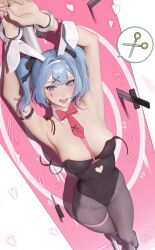 Rule 34 | 1girl, armpits, arms up, bare shoulders, black leotard, black pantyhose, blue eyes, blue hair, bound, bound wrists, breasts, breasts apart, clothing cutout, collar, crossed legs, cuffs, cutout above navel, detached collar, handcuffs, hatsune miku, heart, heart-shaped pupils, heart cutout, highleg, highleg leotard, highres, knife, leotard, looking at viewer, medium breasts, medium hair, necktie, open mouth, pantyhose, pink necktie, playboy bunny, pole, pure pure (rabbit hole), quilm, rabbit hole (vocaloid), scissors, signature, solo, standing, stomach cutout, strapless, strapless leotard, symbol-shaped pupils, target, thought bubble, twintails, vocaloid, white collar, white wrist cuffs, wrist cuffs