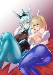 Rule 34 | 2girls, absurdres, animal ears, aqua pantyhose, artoria pendragon (all), artoria pendragon (fate), artoria pendragon (swimsuit ruler) (fate), artoria pendragon (swimsuit ruler) (fate) (cosplay), ass, black leotard, blonde hair, blue eyes, blue pantyhose, braid, breasts, cleavage, collarbone, cosplay, crown, fake animal ears, fate/grand order, fate (series), feather boa, fishnet pantyhose, fishnets, french braid, hair between eyes, highleg, highleg leotard, highres, huge ass, huge breasts, large breasts, leotard, long hair, looking at viewer, lying, morgan le fay (fate), multiple girls, on side, pantyhose, ponytail, rabbit ears, seductive smile, siblings, sidelocks, sisters, smile, thick thighs, thighs, white hair, white leotard