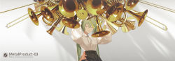 Rule 34 | 1girl, arms up, black skirt, commentary, expressionless, closed eyes, green hair, hatsune miku, highres, holding, instrument, kieed, long hair, long sleeves, puffy sleeves, shadow, shirt, sidelighting, skirt, solo, standing, trombone, twintails, upper body, very long hair, vocaloid, white shirt