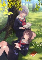 Rule 34 | blue eyes, blush, book, brown hair, flower, forest, fukahire (ruinon), glasses, grass, highres, leaf, low twintails, lying, nature, on back, original, pleated skirt, purple eyes, reading, red neckwear, school uniform, serafuku, short hair, silver hair, sitting, skirt, smile, tree, twintails