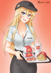 Rule 34 | 1girl, anti (untea9), black headwear, black skirt, blonde hair, blue eyes, box, breasts, cleavage, commentary request, cowboy shot, drink, employee uniform, food, french fries, gradient background, highres, iowa (kancolle), kantai collection, large breasts, logo, looking at viewer, mcdonald&#039;s, open clothes, red background, shirt, short sleeves, skirt, solo, star-shaped pupils, star (symbol), symbol-shaped pupils, tray, twitter username, uniform, white shirt