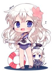 Rule 34 | 10s, 2girls, :d, bad id, bad pixiv id, blonde hair, blue eyes, character name, chibi, dual persona, flower, garrison cap, hair flower, hair ornament, hat, kantai collection, kyou (nekoneko), lifebuoy, long hair, mini person, minigirl, multiple girls, musical note, one-piece swimsuit, open mouth, quaver, ro-500 (kancolle), school swimsuit, smile, swim ring, swimsuit, swimsuit under clothes, torpedo, u-511 (kancolle)