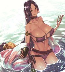 Rule 34 | 1girl, armlet, bare shoulders, bikini, blush, breasts, choker, collarbone, covered erect nipples, eyepatch bikini, fate/grand order, fate (series), fumato, hair ornament, highres, large breasts, long hair, looking at viewer, minamoto no raikou (fate), minamoto no raikou (fate/grand order), minamoto no raikou (swimsuit lancer) (fate), navel, parted lips, partially submerged, purple bikini, purple eyes, purple hair, smile, solo, swimsuit, thigh strap, very long hair, water
