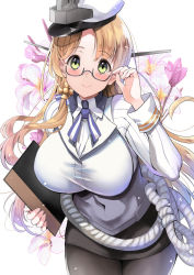 Rule 34 | 1girl, black pantyhose, blonde hair, blush, breasts, closed mouth, collared shirt, commentary, commentary request, cowboy shot, glasses, green eyes, hat, highres, holding, kantai collection, kyogoku shin, large breasts, long hair, long sleeves, looking at viewer, military, military uniform, northampton (kancolle), pantyhose, peaked cap, shirt, smile, solo, uniform, white background, white hat