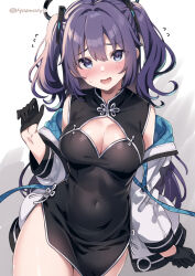 Rule 34 | 1girl, black dress, black gloves, blue archive, blue eyes, blush, breasts, china dress, chinese clothes, cleavage, cleavage cutout, clothing cutout, covered navel, dress, embarrassed, flying sweatdrops, gloves, halo, highres, jacket, large breasts, long hair, long sleeves, looking at viewer, mechanical halo, off shoulder, open clothes, open jacket, open mouth, parted bangs, purple hair, short dress, sleeveless, sleeveless dress, solo, standing, super zombie, sweatdrop, two side up, yuuka (blue archive)