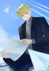 Rule 34 | 1boy, atou haruki, black jacket, black pants, blonde hair, blue sky, brown sweater, chinese commentary, commentary request, day, highres, holding, holding newspaper, jacket, long sleeves, male focus, newspaper, open clothes, open jacket, outdoors, pants, paper airplane, red eyes, ribbed sweater, saibou shinkyoku, shi mo qi wa, short hair, sitting, sky, sweater, turtleneck, turtleneck sweater
