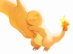 Rule 34 | charizard, charmander, claws, closed eyes, closed mouth, creatures (company), evolutionary line, fangs, fire, fire, flame-tipped tail, game freak, gen 1 pokemon, hug, newo (shinra-p), nintendo, no humans, orange theme, pokemon, pokemon (creature), simple background, smile, tail, white background