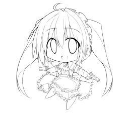 Rule 34 | 1girl, bibi02, chibi, dual wielding, greyscale, gun, highres, holding, lineart, monochrome, open mouth, solo, transparent background, twintails, weapon