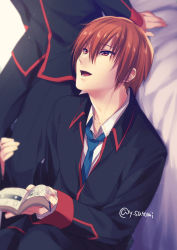 Rule 34 | 2boys, bed, book, brown hair, green necktie, little busters!, looking up, male focus, manga (object), multiple boys, naoe riki, natsume kyousuke, necktie, open mouth, red eyes, satomi yoshitaka, school uniform, short hair, sitting, solo focus, standing
