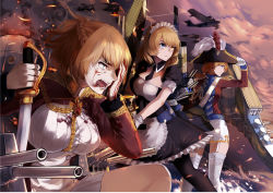 Rule 34 | 3girls, absurdres, aiguillette, aircraft, airplane, apron, bicorne, biplane, black hat, black legwear, black necktie, bleeding, blonde hair, blood, blood on clothes, blood on face, blue eyes, braid, breasts, cannon, closed mouth, cloud, cloudy sky, crown braid, epaulettes, fairey swordfish, fire, framed breasts, frilled skirt, frills, gloves, hair over shoulder, hand on headwear, hand on own face, hat, heterochromia, highres, holding, holding sword, holding weapon, large breasts, long sleeves, looking to the side, machinery, maid, maid apron, maid headdress, medal, medium breasts, military, military uniform, miniskirt, multiple girls, necktie, ocean, open mouth, outdoors, pantyhose, prince of wales (warship girls r), puffy short sleeves, puffy sleeves, remodel (warship girls r), renown (warship girls r), rodney (warship girls r), saber (weapon), sash, short hair, short sleeves, skirt, sky, smoke, smokestack, sword, tears, teeth, thighhighs, turret, tuziki sang, uniform, warship girls r, water, weapon, white gloves, white legwear, white sash, white skirt, yellow eyes, zettai ryouiki