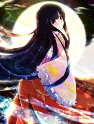 Rule 34 | 1girl, backlighting, bad id, bad pixiv id, black hair, collar, colored eyelashes, frilled collar, frilled sleeves, frills, full moon, highres, hime cut, houraisan kaguya, kuromochi (qkbhf073), leaf print, light particles, long hair, long skirt, long sleeves, looking at viewer, looking back, moon, moonlight, night, night sky, pink shirt, red eyes, red skirt, shirt, skirt, sky, smile, solo, space, touhou, very long hair, wide sleeves, wind