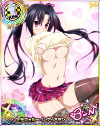 Rule 34 | 10s, 1girl, black hair, blush, breasts, card (medium), character name, chess piece, hair ribbon, high school dxd, high school dxd born, huge breasts, king (chess), long hair, microskirt, navel, official art, panties, pink eyes, pink panties, purple eyes, ribbon, serafall leviathan, skirt, smile, solo, sweater, thighhighs, trading card, twintails, underboob, underwear, undressing, zettai ryouiki